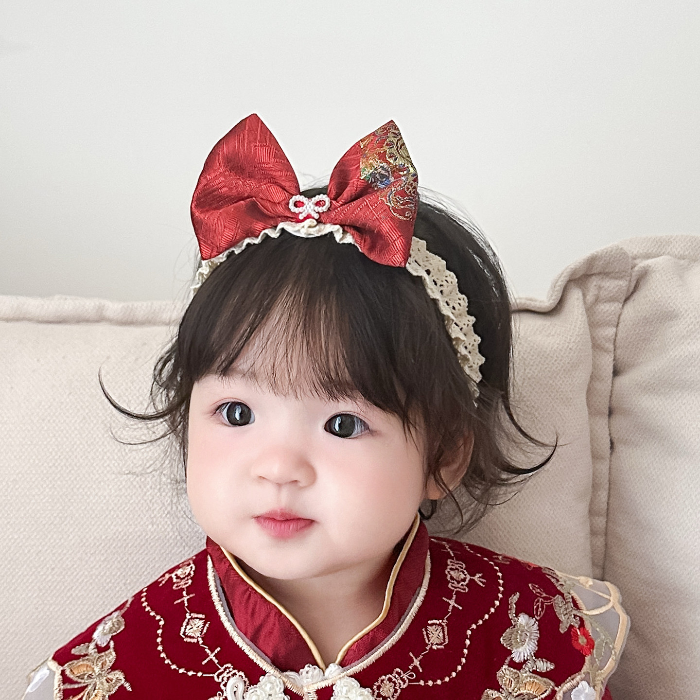 婴儿发带红色中国风立体蝴蝶结百天周岁宝宝头饰中式生日发饰