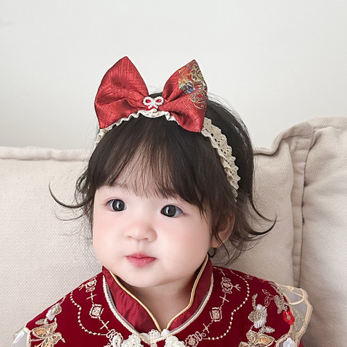 婴儿发带红色中国风立体蝴蝶结百天周岁宝宝头饰中式生日发饰