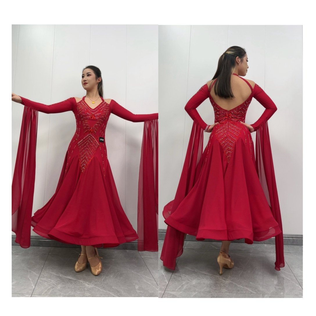 懒猫onue高端定制摩登舞服舞蹈演出比赛服国标舞华尔兹贴钻连衣裙