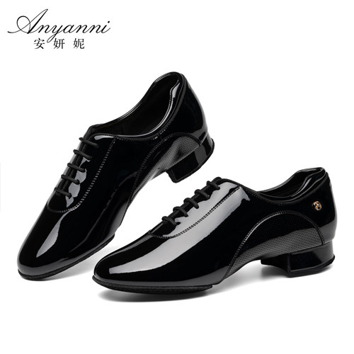 Anyangni安妍妮新款男摩登舞鞋亮皮舞蹈鞋成人软底低跟练功鞋
