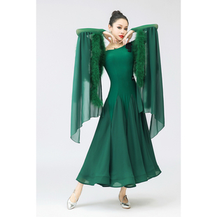 懒猫onue高端定制【MM747】摩登舞连衣裙 绿色毛毛飘袖国标舞裙子