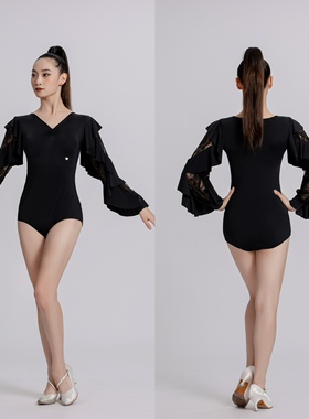 onue高端定制M403摩登舞服黑色蕾丝荷叶边长裙上衣女士舞蹈训练服
