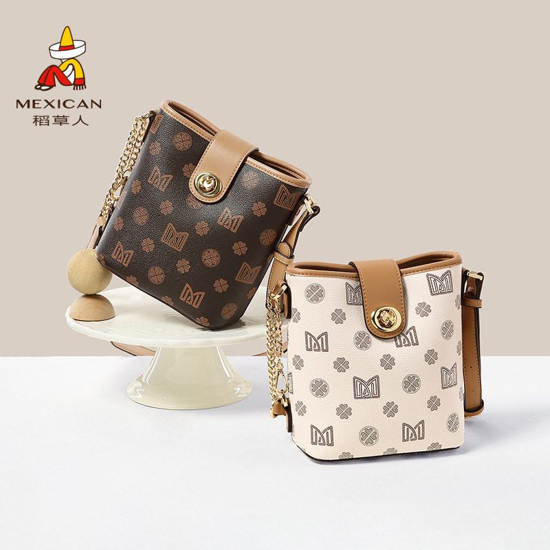 2025新款小水桶包复古撞色花纹斜挎通勤单肩包潮流手提包百搭包包