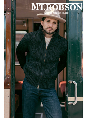 【立领开衫】MTROBSON 青果领重磅羊毛夹克外套美式复古阿兰毛衣