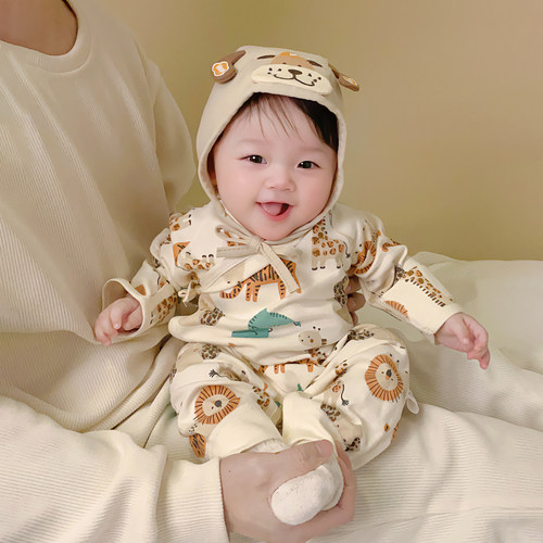 海边兔新生儿纯棉无骨护肚连体衣