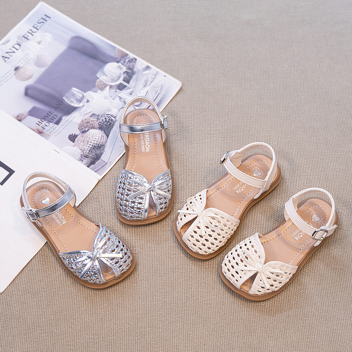 女童凉鞋2026夏季新款韩版蝴蝶结包头软底鞋小女孩编织甜美公主鞋