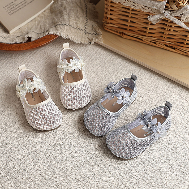 包头编织网纱单鞋2026春夏季新款韩版女童亮片花朵公主鞋软底凉鞋