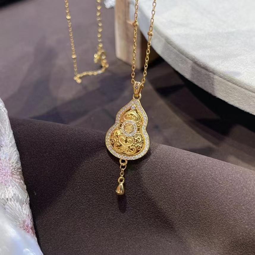s925纯银镶钻葫芦铃铛项链女新中式国潮风高级感毛衣链黄金质感