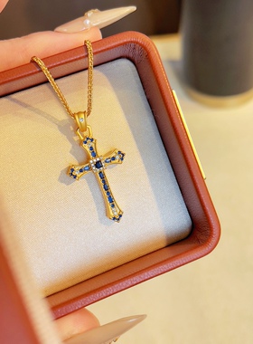 纯银轻奢复古十字架项链女蓝宝石
