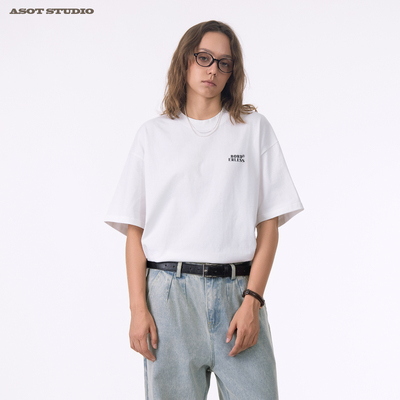 ASOT短袖T恤夏季日系无性别宽松休闲短袖cozyfit纯色字母上衣