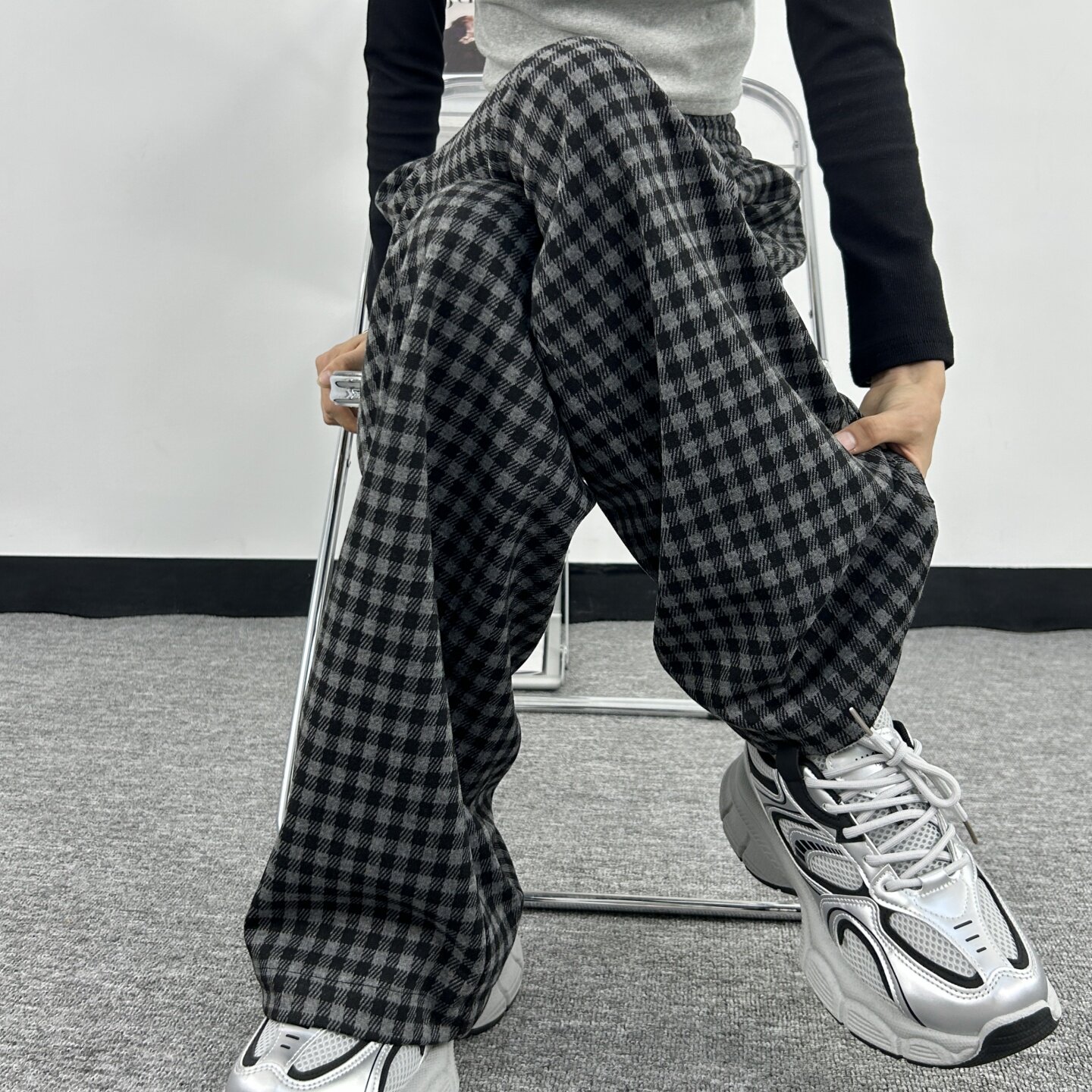 高个子175加长棋盘格子裤女春秋冬季新款高腰宽松拖地休闲阔腿裤