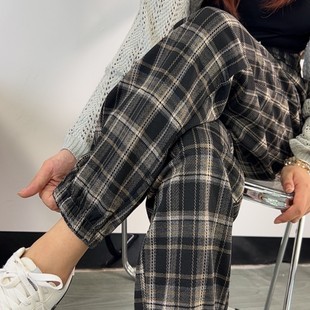高个子加长复古格子裤女2025秋冬新款高腰宽松休闲运动束脚卫裤潮