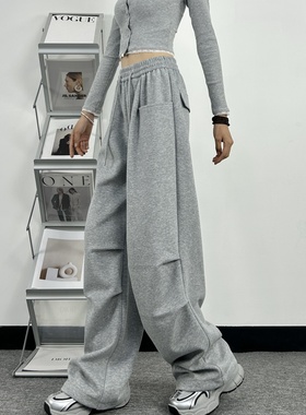 高个子175加长灰色工装裤女春秋新款加绒运动卫裤高腰休闲阔腿裤