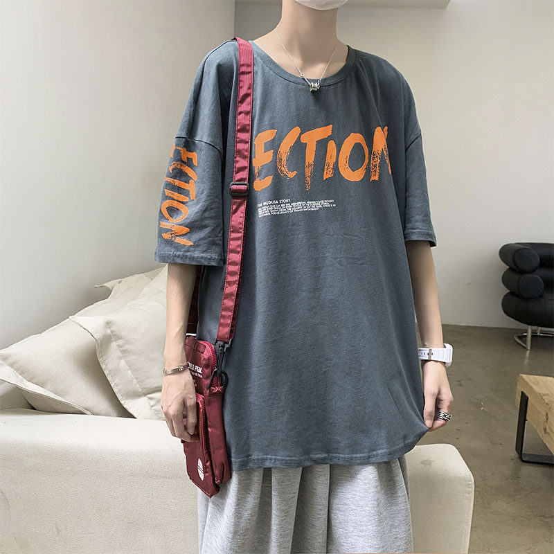 港風棉圓領大字母印花恤短袖五分半袖夏季打底衫