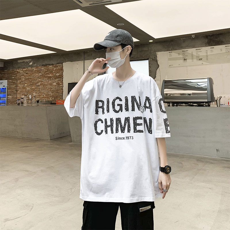 Hong Kong style cotton round neck large letter printed T-shirt short sleeve 5 / 5 sleeve summer base coat