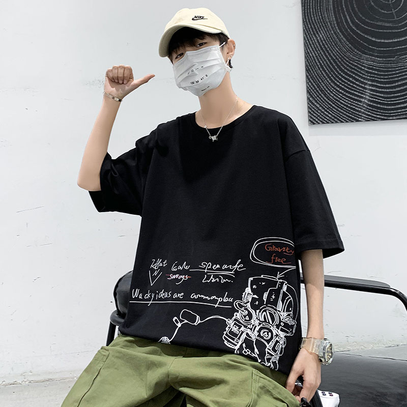 Hong Kong style cotton round neck printed T-shirt short sleeve 5 / 5 sleeve summer base coat