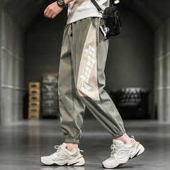 春裝新款側邊撞色運動休閒褲男衛褲大寬鬆束腳褲