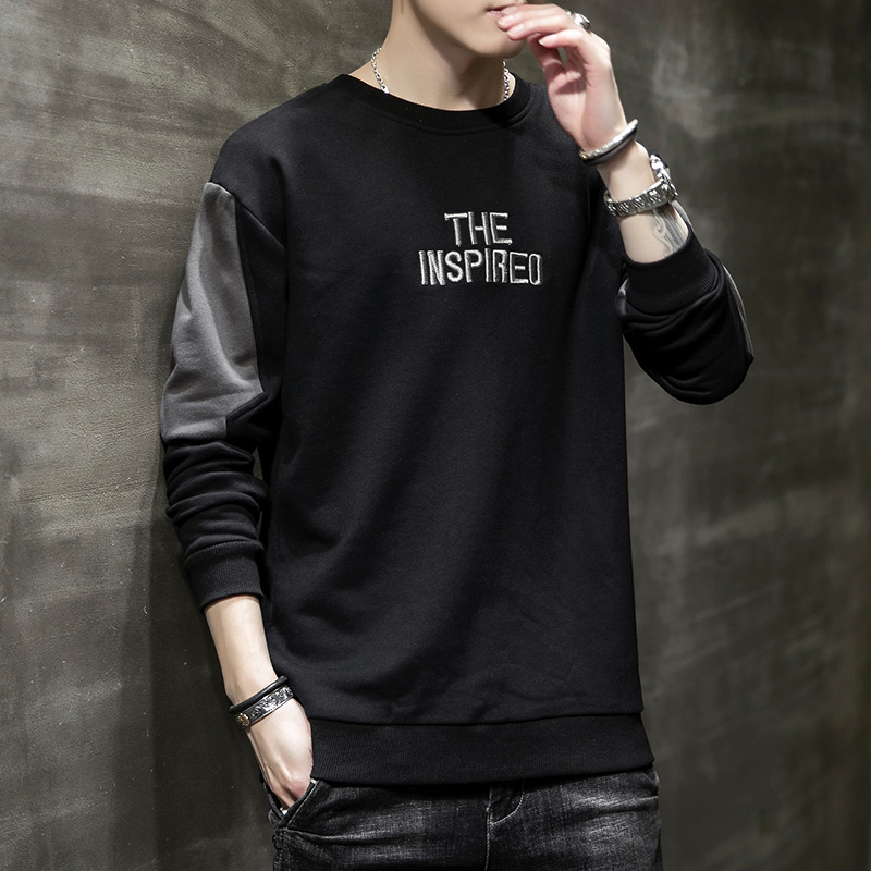 New autumn men's casual embroidered splicing long sleeve men's sweater round neck top