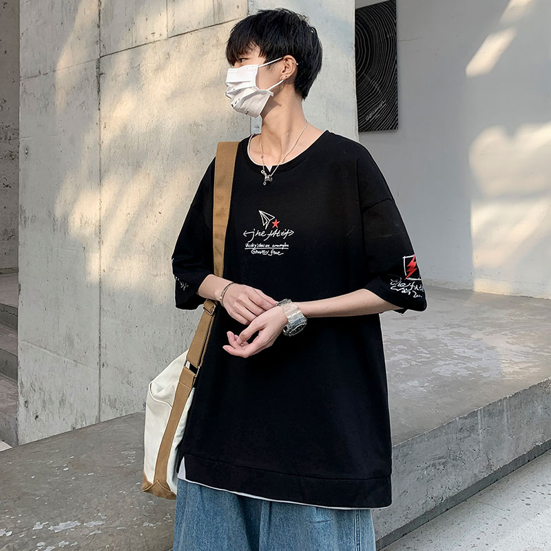 港風棉圓領印花恤短袖五分半袖夏季打底衫