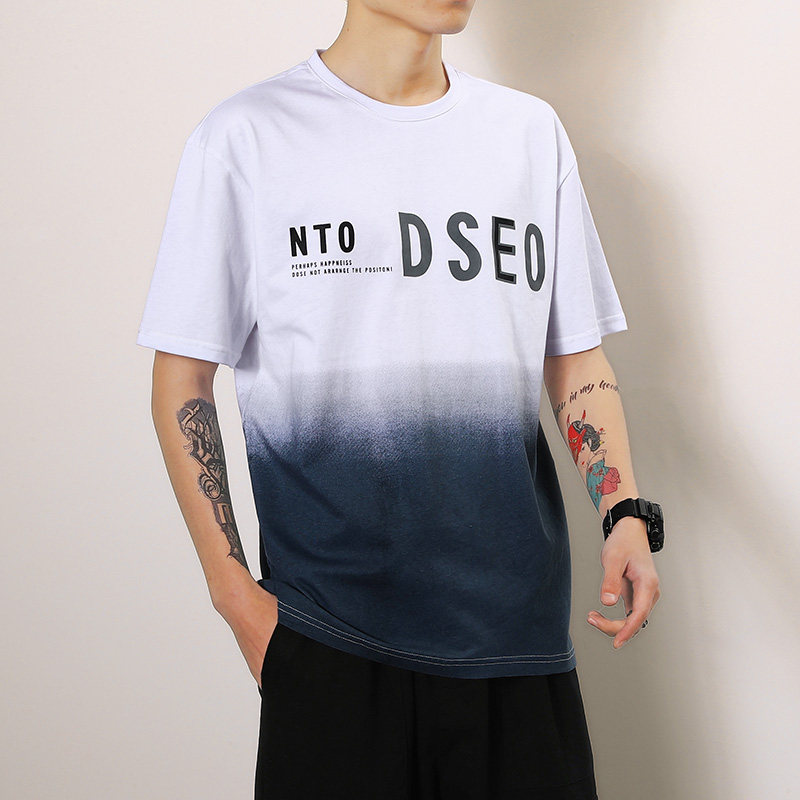 2020夏季新款漸變色短袖T恤男韓版寬鬆印花潮流