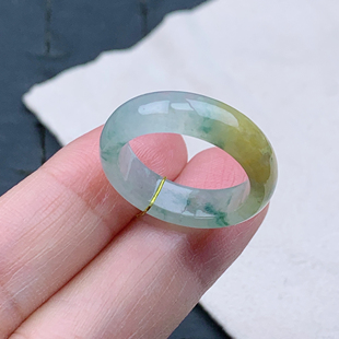 内径17.5mm飘花黄翡戒指素圈指环圆T400 15号缅甸天然A货翡翠