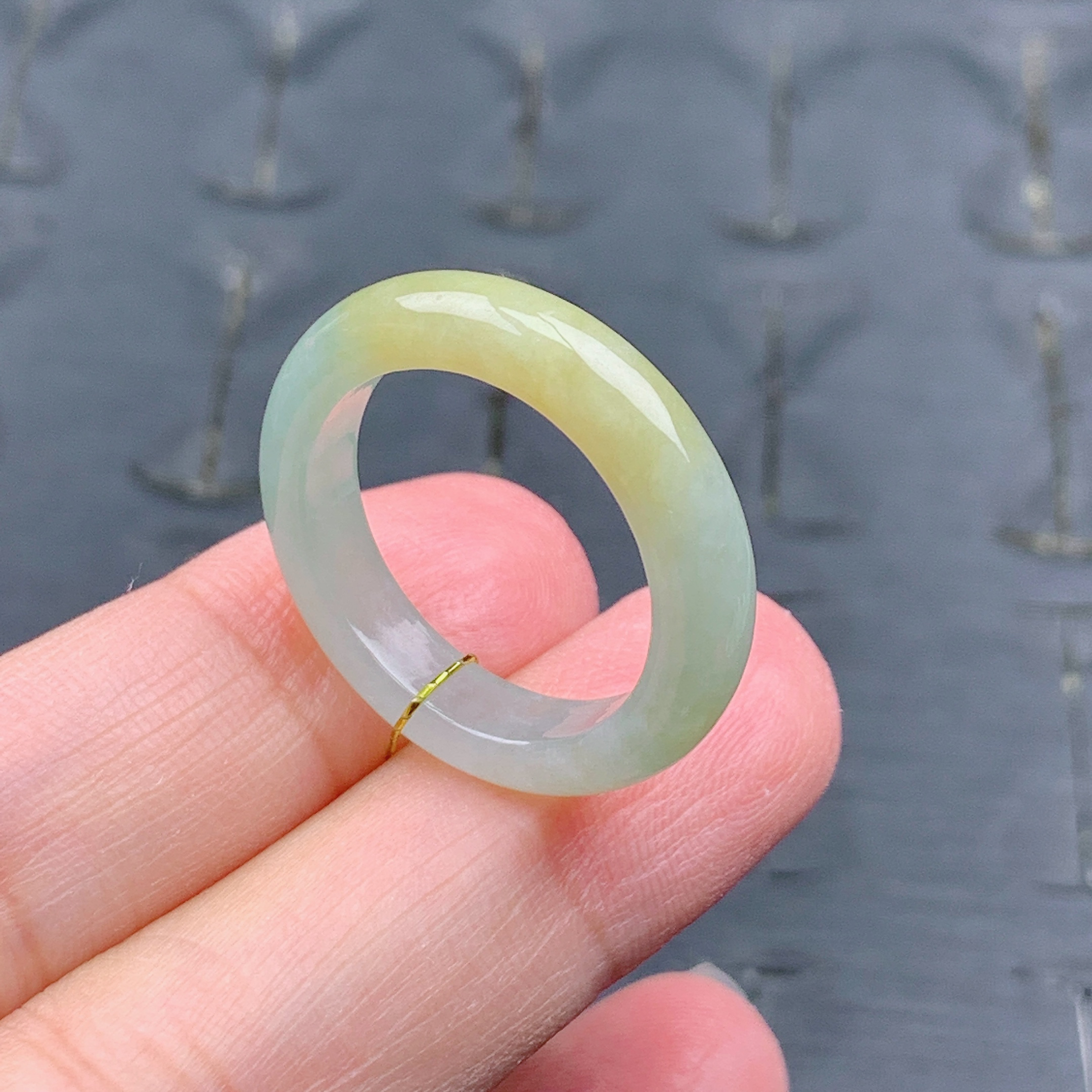 18号缅甸天然A货翡翠T470  内径18.6mm 半山水黄翡戒指指环素圈