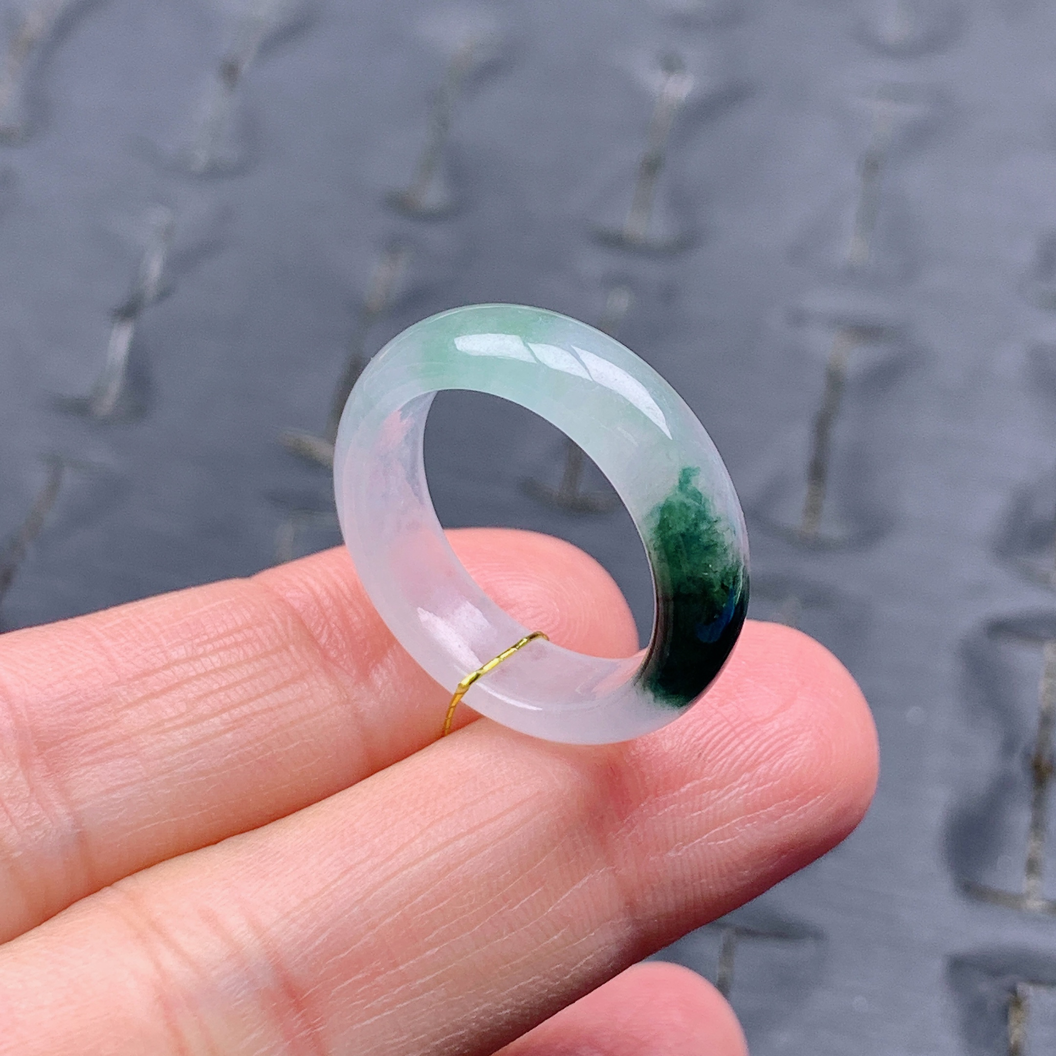 15号缅甸天然A货翡翠T620 内径17.5/6/3.2mm 冰胶飘花戒指