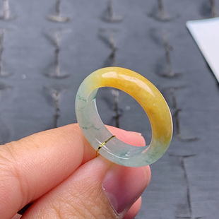 3.4mm半山水黄翡飘花戒指 5.8 15号缅甸天然A货翡翠T497 内径17.6
