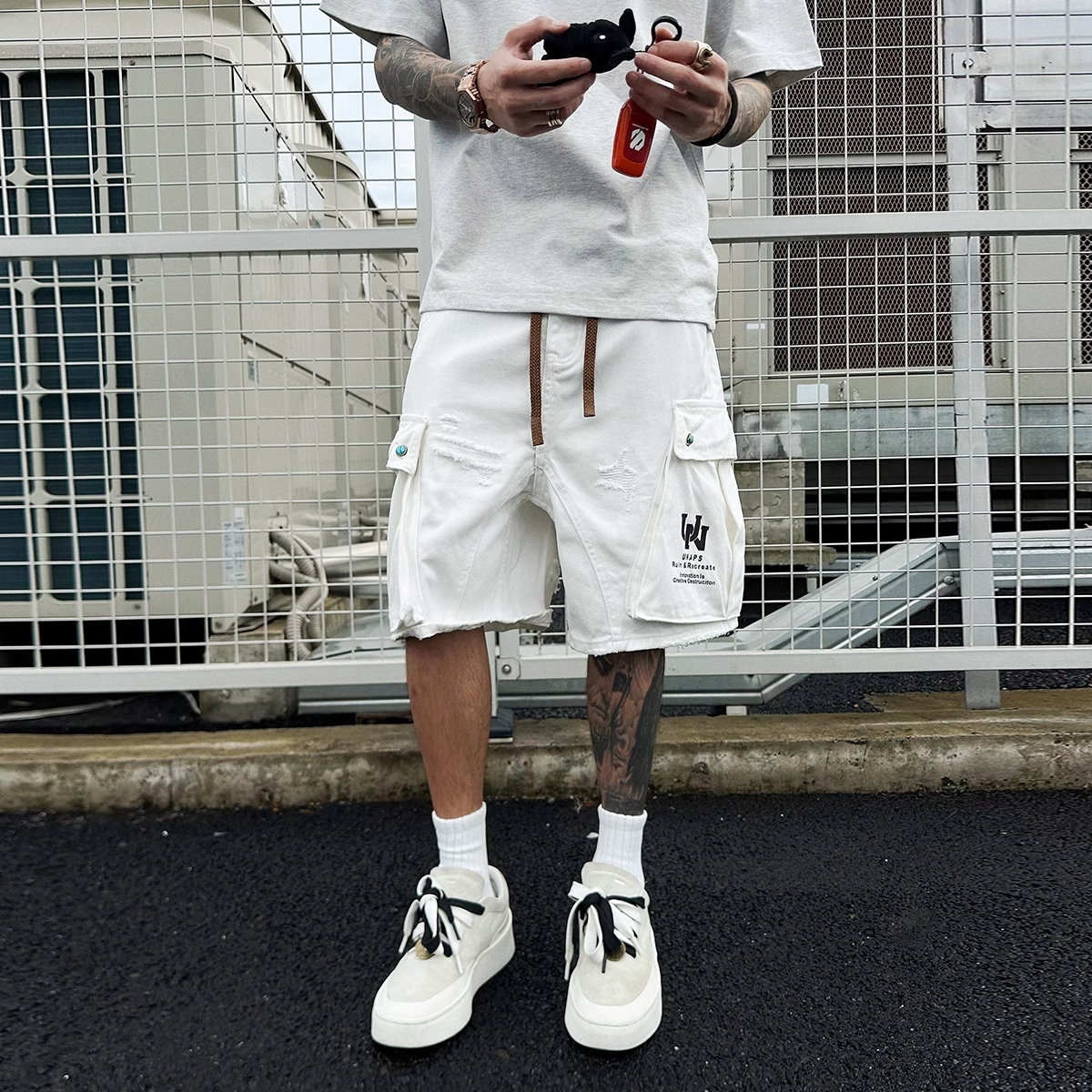 美式复古8颗绿松石工装短裤刺绣