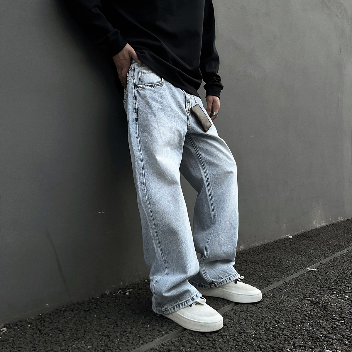 雪花纹理美式冰蓝501直筒牛仔裤