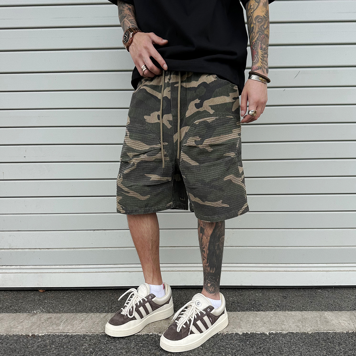 vintage刺绣膝盖迷彩工装短裤潮