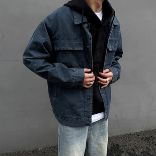UNAps美式复古vintage法工蓝做旧法式工装夹克男女宽松翻领外套潮
