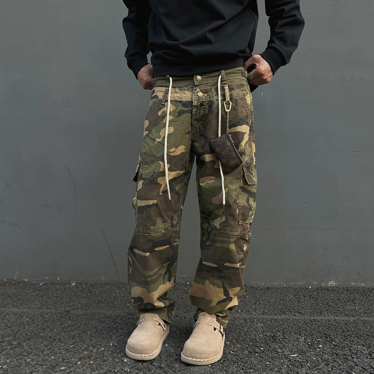 复古双腰珠帆格迷彩裤工装裤子潮
