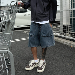 复古松紧宽松休闲五分裤 男女美式 弧形立体口袋牛仔短裤 UNAps夏季