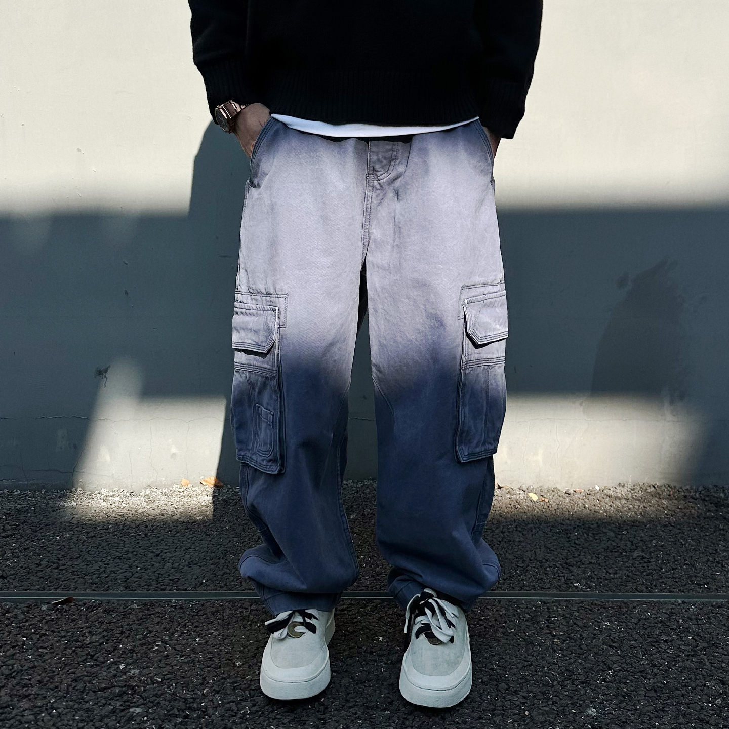 复古法工蓝工装裤男女宽松直筒