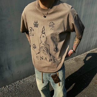 T恤男女宽松半袖 素水洗做旧复古短袖 tee 重磅260克图腾元 UNAPS夏季