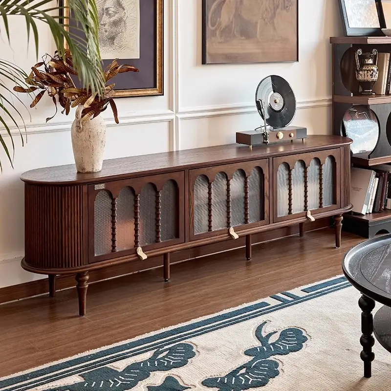 法式复古实木电视柜客厅2024新款收纳柜中古家用落地储物一体柜子