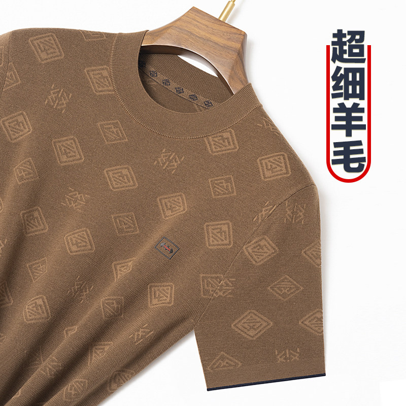 恒澳春秋羊毛衫男100纯精纺半袖针织衫短袖套头毛衣中年圆领体恤