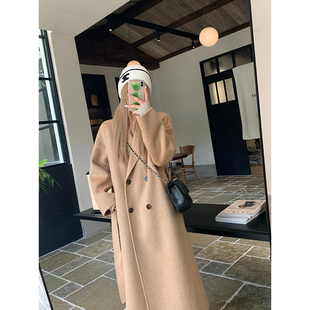 wangking 韩系高级感过膝毛呢外套 奶驼色双面呢大衣女2024秋冬季