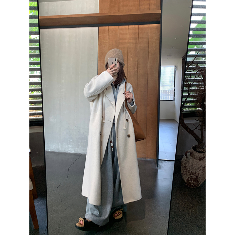 wanking米白色双面呢大衣女