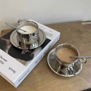 1Set Stainless Steel Coffee Mug With Spoon Saucer Placemat