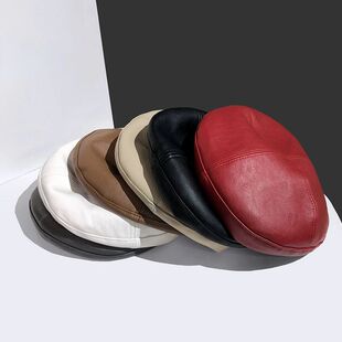 Solid Beret Women Chain Leather Cap Vintage
