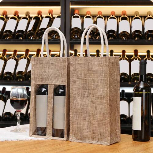 Hot Sale Windowed Burlap Red Wine Gift Bag Linen Tote