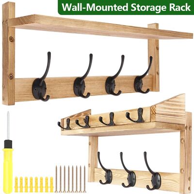 2 Set Wall-Mounted Coat Rack with Shelf Wooden Floating