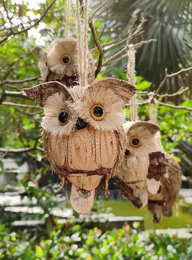 Outdoor Rustic Owls Hanging Decoration Handcrafted Straw