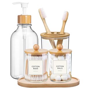 Bathroom Plastic Bamboo with Tray Set Pack Accessories