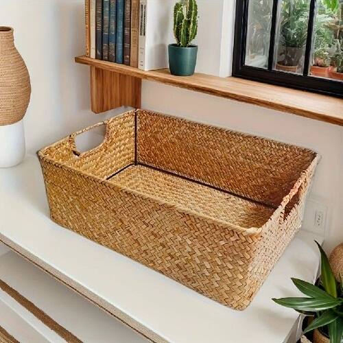 Handwoven Rattan Storage Basket Rectangular Woven Wicker