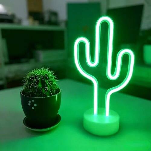1pc Green Cactus Shape LED Neon Light With Base Decorative