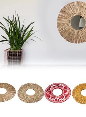 Straw Plaited Hanging Mirror Decoration Retro Nordic Style