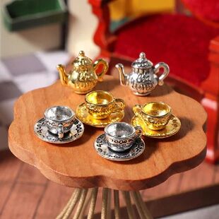 1Set Dollhouse Miniature Teapot Cup Saucer Ornaments Metal